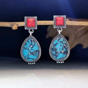 European Blue & Red Turquoise Post Dangle Earrings - Picture 1 of 4