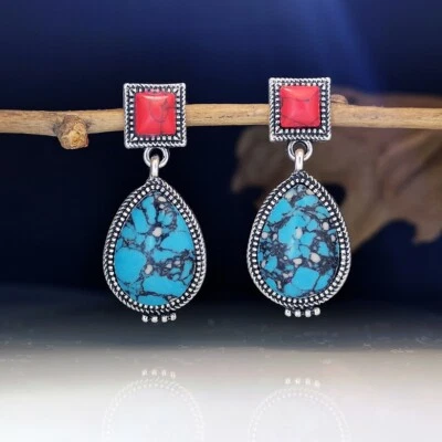 European Blue & Red Turquoise Post Dangle Earrings - Image 1 of 4