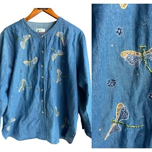 The Quacker Factory Women’s Dragonfly Button Up Denim Shirt Size L Long Sleeve - Picture 1 of 9