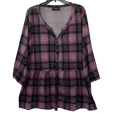 Top de mujer Lane Bryant púrpura/negro a cuadros talla grande 22-24 peplum 1/2 botón Foto 1 de 4