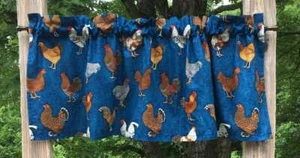 Chicken Rooster Valance Barnyard Farm Blue Country Farmhouse Kitchen Curtain - Picture 1 of 2