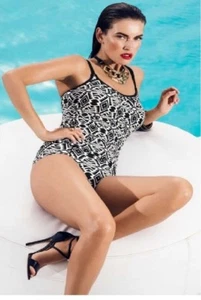 FANTASIE BEQA U/W TANKINI BIKINI BRA+MID-RISE-PANT SET BLACK-WHITE-MOSAIC-PRINT - Picture 1 of 7