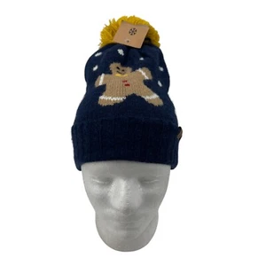Gingerbread Pom Pom Beanie Hat Youth One Size Navy Knit Holiday Christmas Theme - Picture 1 of 10