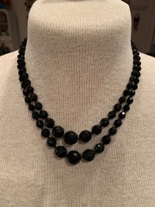 Vintage Schmuck Österreich 2 Strang abgestuft Glas schwarze Perlen Halskette 18 Zoll - Bild 1 von 6