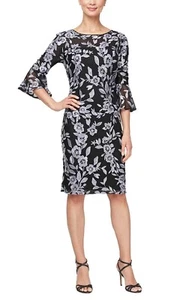 Alex Evenings Women's Bell Sleeve Embroidered Short Dress Black Lavender Size 14 - Picture 1 of 3