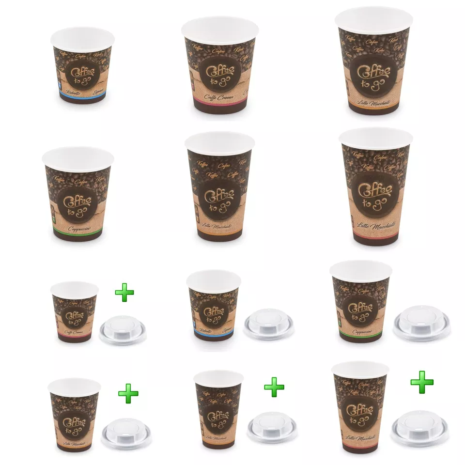 Kaffeebecher Einweg Pappbecher Coffee to go 80-400ml 6 Größen Auswahl Deckel Set - Bild 1 von 2