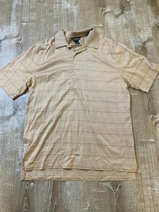 Brooks Brothers Performance Knit Polo Shirt Beige Navy Blue Stripe Men Large EUC - Picture 1 of 5