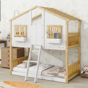 Twin over Twin House Bunk Bed with Roof , Window, Window Box, Door , with Safety - Picture 1 of 22