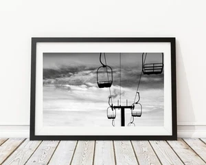 Silhouette Ski Lift Skiing Snowboard Black & White Photography Art Print - Picture 1 of 4