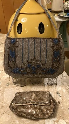 VTG Art Deco Micro Beaded Purse Flapper Evening Bag Antique & Sequin Change Bag - Image 1 of 4