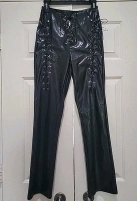 Black Lace-Up Womens Faux Leather Pants w/Grommet Details & Flared Legs Size Sm - Image 1 of 4