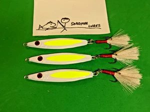 3 - 2 oz FLUTTER SPOONS FISHING LURE JIG JIGGING LEAD SLAB WHITE CHARTREUSE v1 - Picture 1 of 6