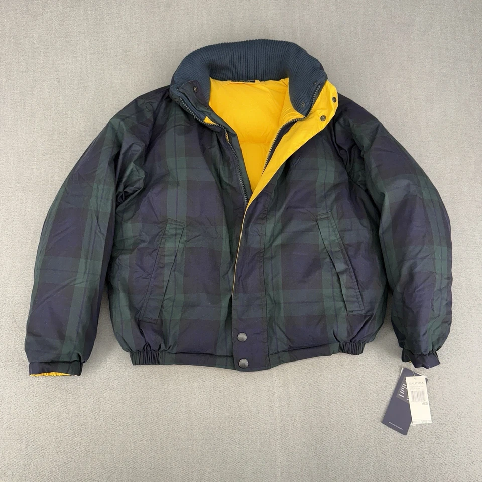 Y2K Nautica Down Reversible Puffer Jacket Mens M Tartan Plaid 90’s Yellow NWT - Image 1 of 4