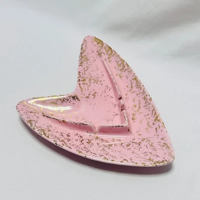Shawnee Pottery USA #205 MCM Atomic Cosmic Boomerang Ashtray Pink and Gold - Image 1 of 4