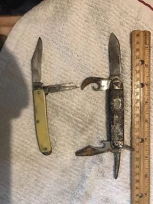 2 VINTAGE UNBRANDED POCKET KNIVES KNIFE FOLDING JACK 2 4 BLADE SCOUT TOOL SHEILD - Image 1 of 4
