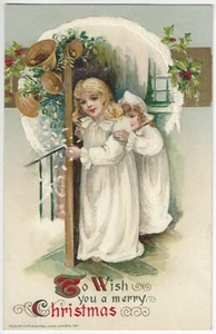 Postal de Navidad Schmucker Winsch 1911 - Hermosas chicas rubias, noche nevada - Imagen 1 de 2
