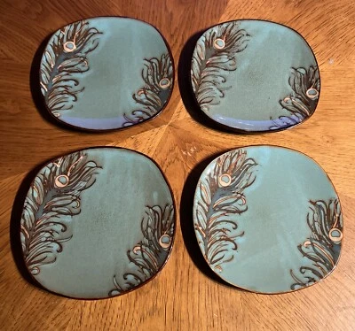 Pier 1 Importaciones Platos de Ensalada de Gres Pluma de Pavo Real 8" Lote de 4 Turquesa RARO Foto 1 de 4