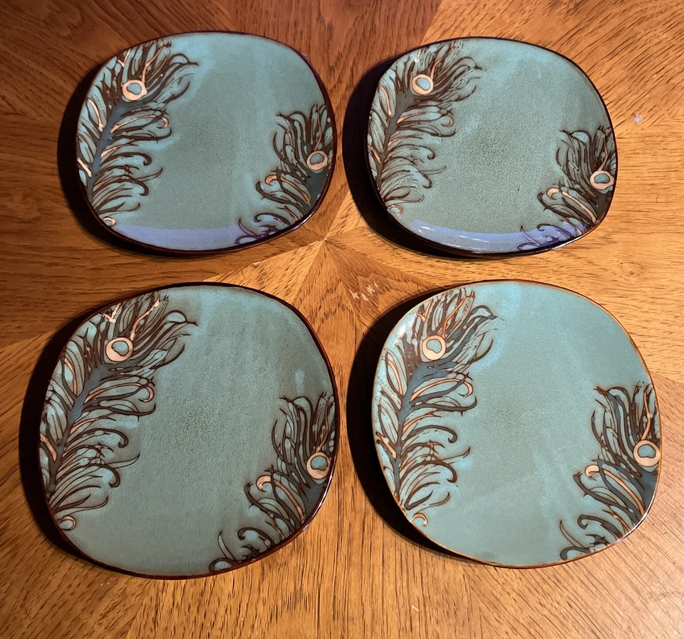 Pier 1 Importaciones Platos de Ensalada de Gres Pluma de Pavo Real 8" Lote de 4 Turquesa RARO Foto 1 de 4