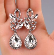 2.40" Silver clear Tear Drop Rhinestone Prom Lon Crystal Pageant Earrings