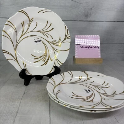 Spode COMLIMENT WHISPER England Gold Swirled Bone China Lunch Plates Set 4 NEW - Image 1 of 4
