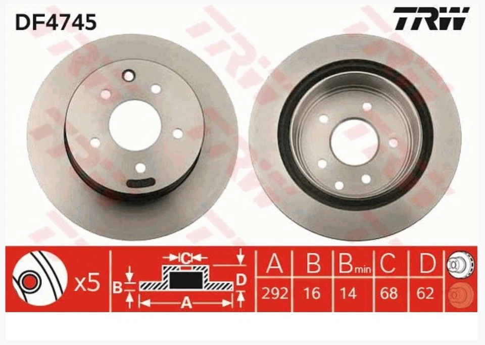 Juego de 2 discos de freno TRW traseros para Nissan 350Z X-Trail Qashqai Koleos Leaf Foto 1 de 1