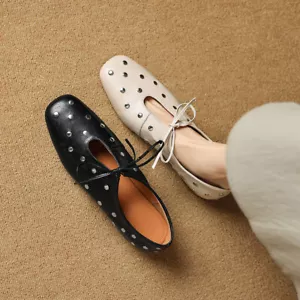 Zapatos planos de cuero con cordones Mary Jane con remaches huecos punta cuadrada para mujer nuevos - Imagen 1 de 16