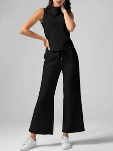 Womens 2 Piece Outfits Sleeveless High Neck Tank Tops Wide Leg Pants Lounge Set - Picture 1 of 9