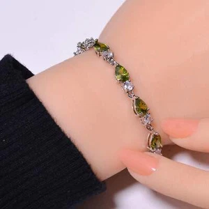 Peridot & Cubic Zirconia Gemstone 925 Sterling Silver Tennis Bracelet 7.99" B5 - Picture 1 of 5