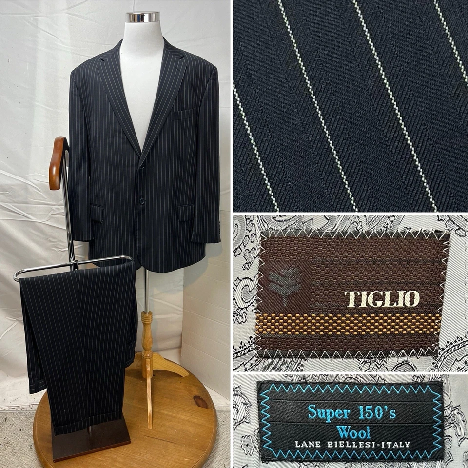 Traje Blazer TIGLIO 52L Para Hombre 41x28 Pantalones Azul Marino Rayas Super 150s Lana 2 Botones Foto 1 de 4