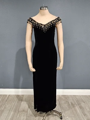 Vestido JESSICA McCLINTOCK De Colección Terciopelo Negro Cuentas Hombro Descubierto S Foto 1 de 4
