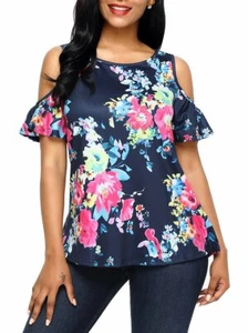 Navy Floral Print Cold Shoulder Top - Picture 1 of 4