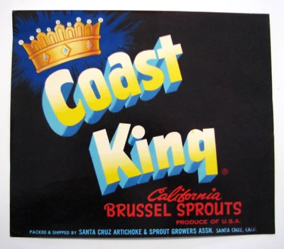 Etiqueta original de caixa de brócolis COAST QUEEN Santa Cruz produtores de alcachofra e brotos - Imagem 1 de 2