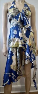 JUST CAVALLI Blue Silk Multi Colour Abstract Print Halter Neck Evening Dress, 42 - Picture 1 of 12