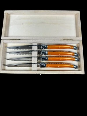 Juego de cuchillos para carne LAGUIOLE acero inoxidable mangos naranja en caja de madera Foto 1 de 4