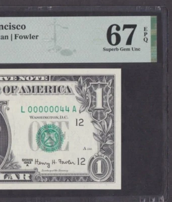 [PMG-67 EPQ] Two Digit S/N 1963-A FRN 1 Dollar FR-1901-L L00000044A - Image 1 of 3