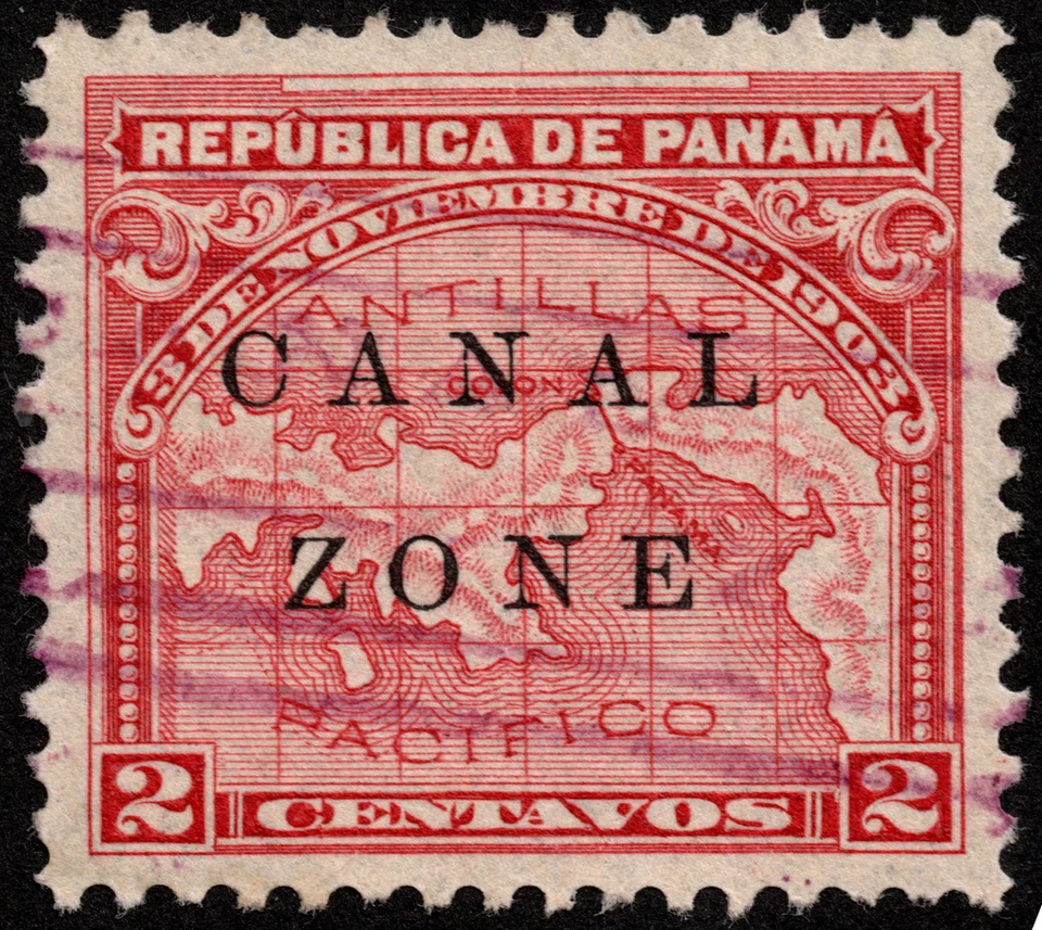 Canal Zone Stamp Scott # 10 VF-XF 2 Cents Rose Map Issue with Purple Bars Cancel - Image 1 of 1