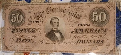 1864  CSA   $50   Confederate  Currency  T66 • CHOICE   ABOUT UNCIRCULATED  - #D - Image 1 of 4