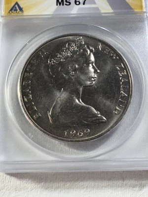 1969 New Zealand 1 Dollar Graded MS 67 by ANACS Low Mintage - Image 1 of 4