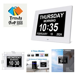 Large Digital Calendar Alarm Clock for Seniors - Auto-Dimming, Multilingual, 8" - Picture 1 of 9