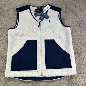 Polo Ralph Lauren Vest Mens Medium White Navy Fleece Sherpa Performance Zip - Picture 1 of 13