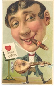 VALENTINE - BIG HEAD MAN Smokes CIGAR Playing MANDOLIN ca1910 Embossed Postcard - Picture 1 of 2