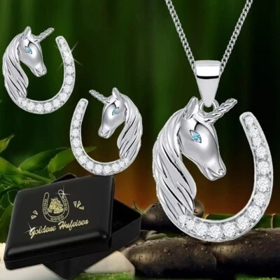 Schmuckset Hufeisen Einhorn Anhänger Kette Ohrringe 925 Silber Pferd - Bild 1 von 4