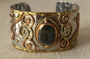 Modernist Brutalist Bloodstone Chalcedony Mixed Metal Brass Copper Cuff Bracelet - Picture 1 of 5