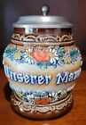 HANDMADE HAND PAINTED KING BEER STEIN WITH PEWTER LID SIGNED NUMBERED VERY CLEAN