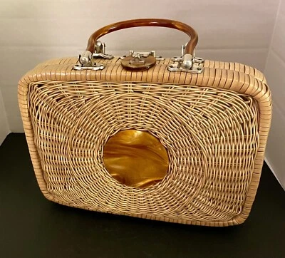 Vintage Wicker Bamboo Lucite (Handles Medallion Latch) Purse British Hong Kong - Image 1 of 4