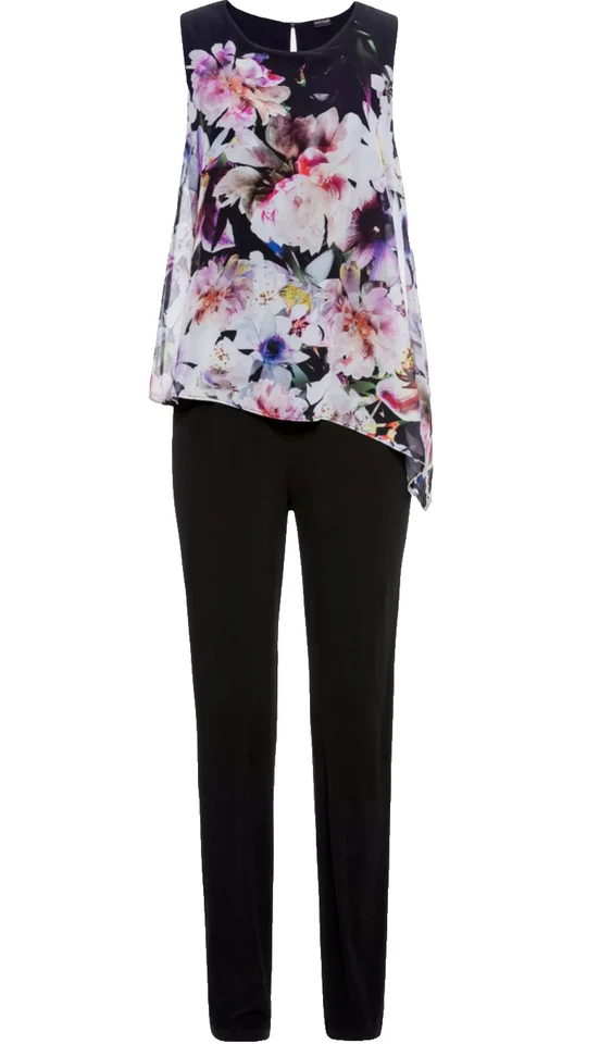Damen Jumpsuit schwarz Blumen Elegant Overall Einteiler ärmellos Hosenanzug 003 - Bild 1 von 1