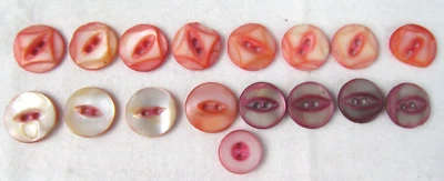 17 Vintage Buttons Lot Carved Dyed Shell Buttons Pink Irridescent Old S5 - Image 1 of 4