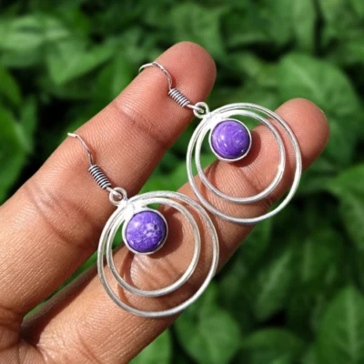 1 par de pendientes colgantes de piedras preciosas Charoite atractivos enchapados en plata 925 joyas Foto 1 de 4