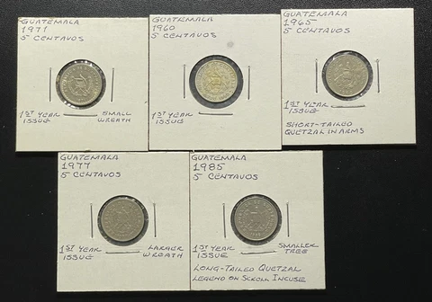 Guatemala 5 Centavos Coins:  Lot of 5 Cover