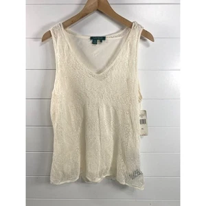 Lauren Ralph Lauren Womens 100% Linen Crochet Tank Set XL NWT Ivory V Neck Boho - Picture 1 of 15